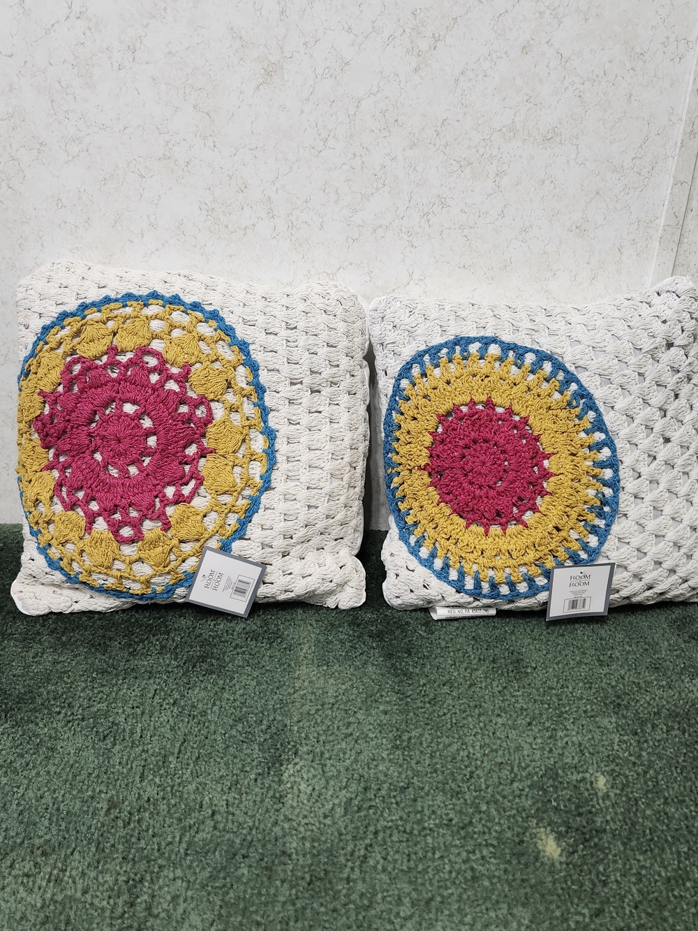 Crochet Mandala Accent Pillows 2 Piece Set Boho Hippie Retro Cottage Core